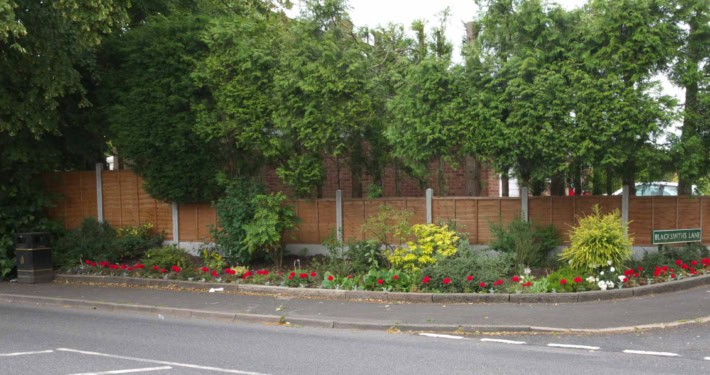 Small garden with red and yellow flowers beside a road, wooden fence, and green trees in the background.
