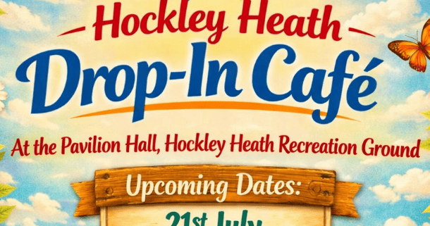 Colourful Drop-In Café poster with summer theme, listing dates: 21 July, 4 August, 18 August at Pavilion Hall.