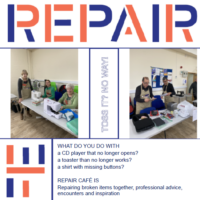 Three people repair household items at a café, promoting fixing instead of discarding broken electronics and clothes.