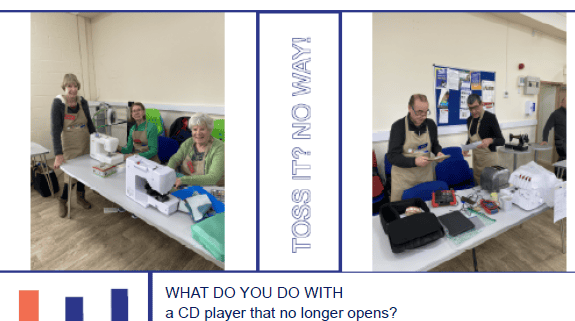 Three people repair household items at a café, promoting fixing instead of discarding broken electronics and clothes.