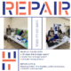 Three people repair household items at a café, promoting fixing instead of discarding broken electronics and clothes.