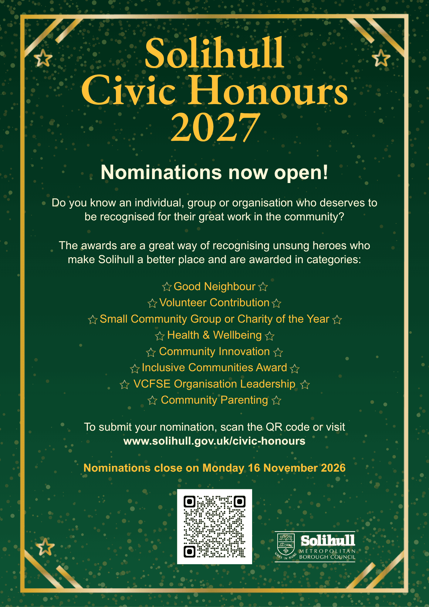 Solihull Civic Honours 2027 – Deadline for Nominations is midnight on ...
